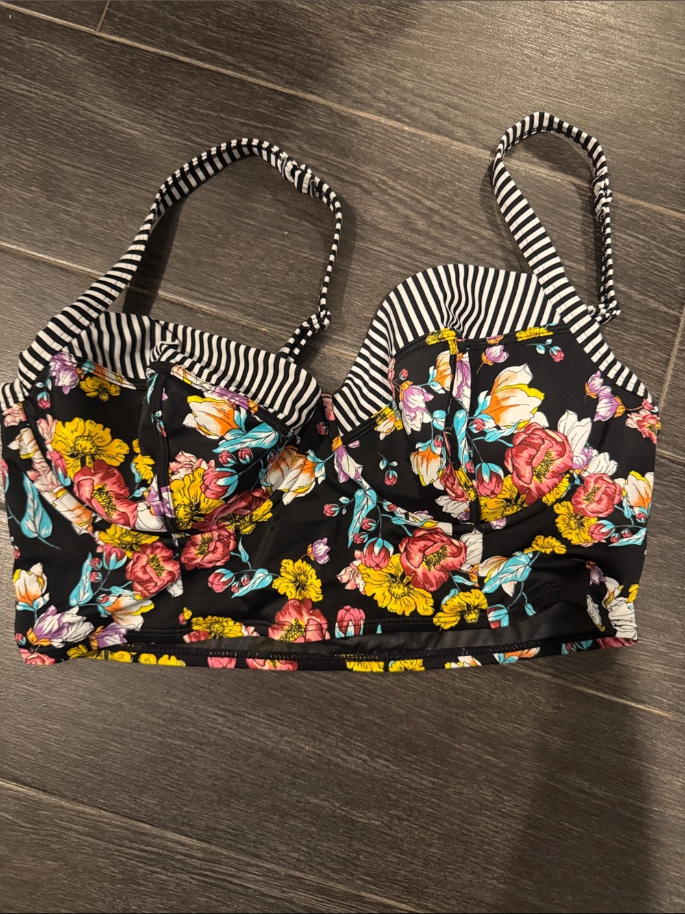 torrid Black Floral Bustier Bikini Top with Yellow Pink Teal Accents